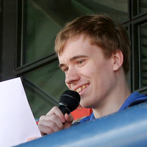 Oliver reads the Special Olympics Oath on behalf of all the athletes - 'Let me win.  But if I cannot win, let me be brave in the attempt.'
